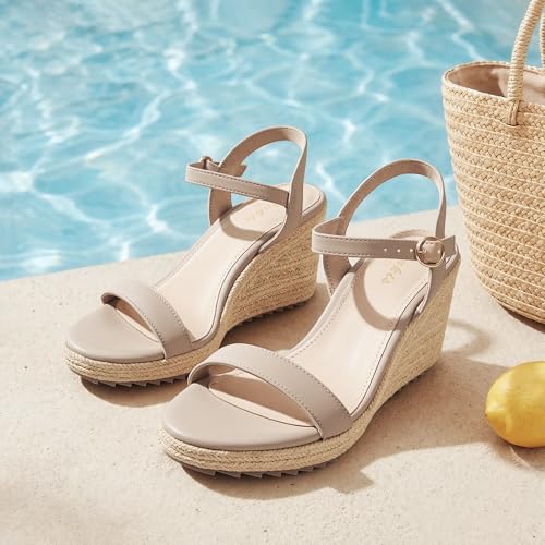 Image of Ankis Platform Wedge Sandals for Women, Black Brown White Nude Espadrille Womens Wedge Sandals Comfortable Open Toe Ankle Strap High Heel Wedges for Women Dressy Summer -3.4Inch