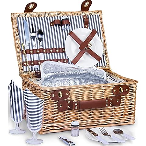 SatisInside UPGRADED INSULATED Deluxe 16Pcs Kit Wicker Picnic Basket Set For 2 People - Reinforced Handle - Grey Stripes Cover