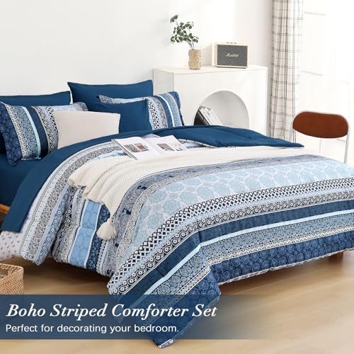 Image of Boho Comforter Set Queen Size,8 Pieces Navy Blue Bohemian Striped Bed in a Bag,Paisley Soft Microfiber Bedding Comforter Set