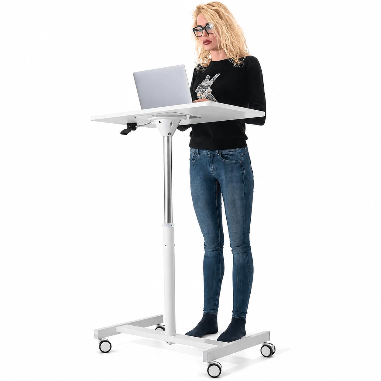 Tatkraft Trend Mesa Neumática para Ordenador Portátil con Ruedas, Altura Ajustable 74-114 cm Regulación de Elevación sin Esfuerzo, Soporte Móvil para Laptop de 19'' para Oficina o Hogar, Blanco