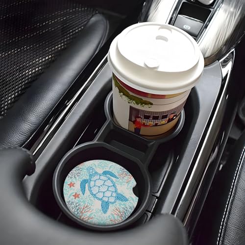 Image of Sea Turtle Ocean Car Coasters for Cup Holder - Absorbent Ceramic 2 Pack With Anti-Slip Cork Base and Finger Notch - Interior Accessories for Women Men 2.56 inch