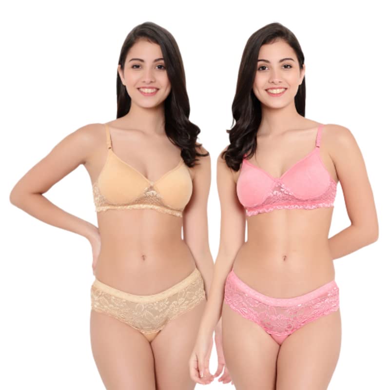Image of Women Cotton Lace Bra and Panty Set | Bra Panty Set Non-Padded Wire Free | Bra Panty Full Coverage for Women. || Cup - B