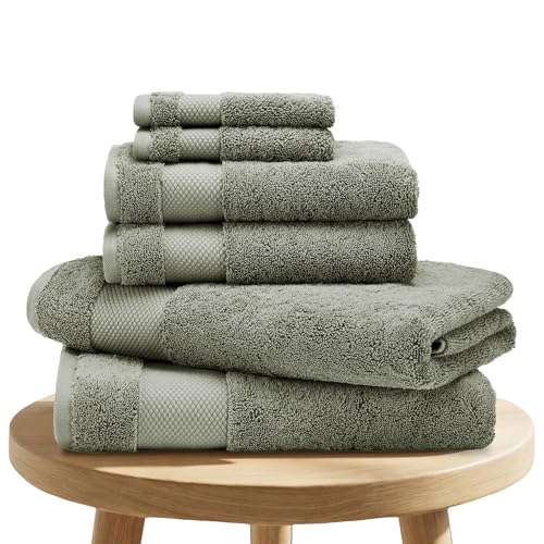 BIOWEAVES 100% Organic Cotton Bath Towel Set | 700 GSM Plush 6-Piece Premium Towel Set GOTS Certified, 2 Bath Towels, 2 Hand Towels & 2 Washcloths - Sage