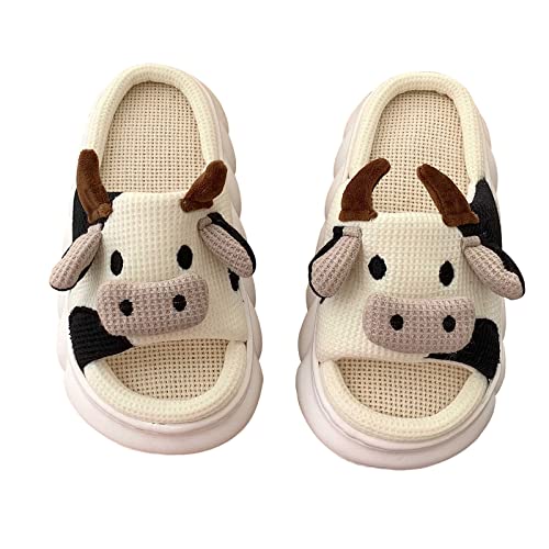 Cute Frog Slippers Soft Cotton Slippers for Women Cartoon Thick Sole Frog Print Sliders Winter Animal Slippers Home Linen Slides(White Cow 5-5.5）