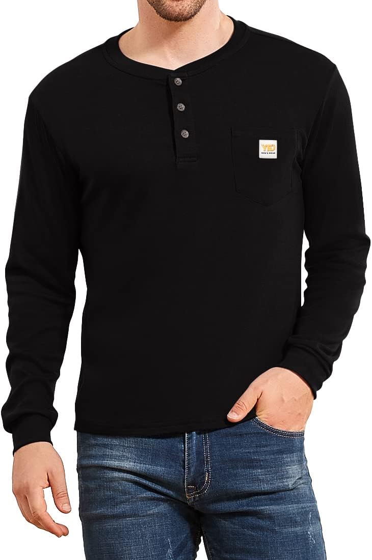 YTD Men's Loose Fit Heavyweight Long Sleeve Pocket Henley T-Shirt Medium 01 Long Sleeve Black