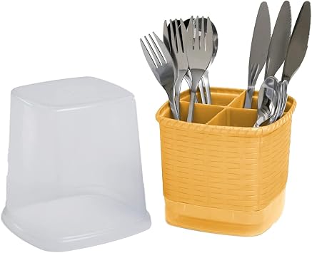 Rattan Covered Cutlery and Utensil holder, Flatware Plastic Caddy Organizer for Silverware with Cover top Perfect for Kitchen, picnic, home, BBQ, Party, Camping, Outdoor and Restaurant BEIGE