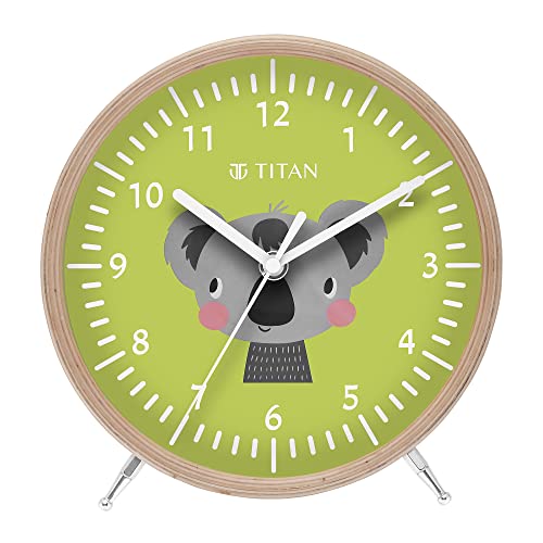Image of Titan Wooden Kids Table Clock with Koala Cartoon Dial, Silent Sweep, Green Finish, Model T0004WA01 | 18.2 cm x 18.2 cm x 5 cm