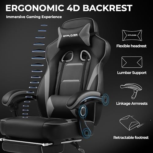 GTPLAYER Gaming Chair with Footrest, Big and Tall Computer Game Chair 350lb Racing Style, Ergonomic High Back Lumbar Support and Recliner, Moon Gray