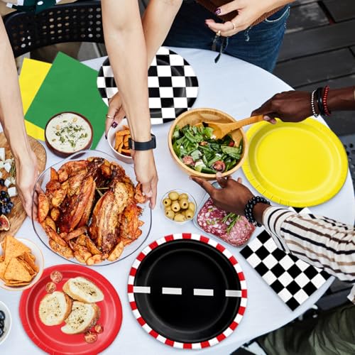 Image of CMUSKO Race Car Birthday Party Decorations - 60Pcs Traffic Light Plates & Napkins Kit Road Checkered Flag Tableware for Boy Party Supplies
