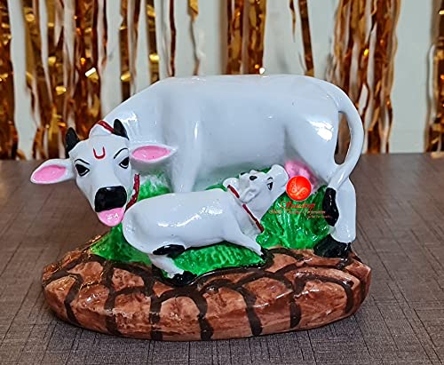 Image of SAUDEEP INDIA Good Luck Gift Items Art Handicraftgiftgallery Decorative Marble dust /Polyresin Cow and Calf Showpiece Idols and Figurines, 5x3x3Inch (White Cow)