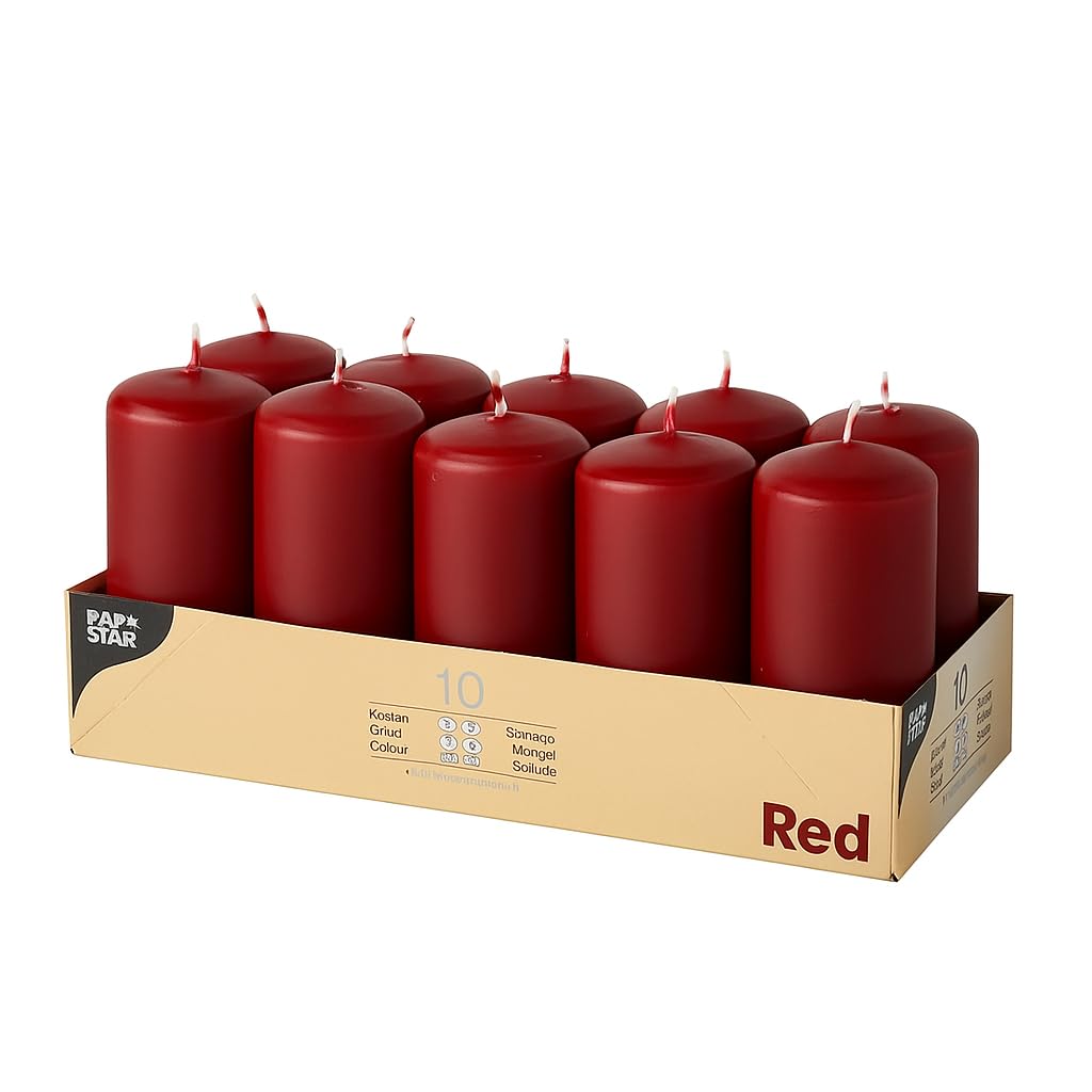 ZINNIAUK Red Papstar Pillar Candles Pack of 10 (40mm x 90mm) โ Unscented Small Decorative Candles Fore, Weddings, Parties & Events โ Long-Lasting Dripless Wax Table Centrepieces & Elegant Room