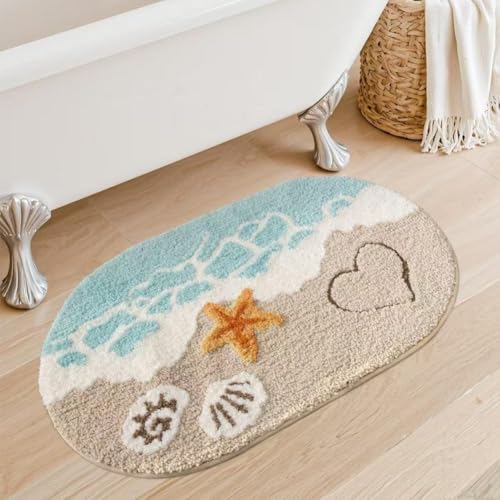 Tappeto da bagno antiscivolo, morbido e super assorbente, per bagno, cucina e ingresso, decorazione da spiaggia ad asciugatura rapida, con motivo a conchiglie di stelle marine (M)