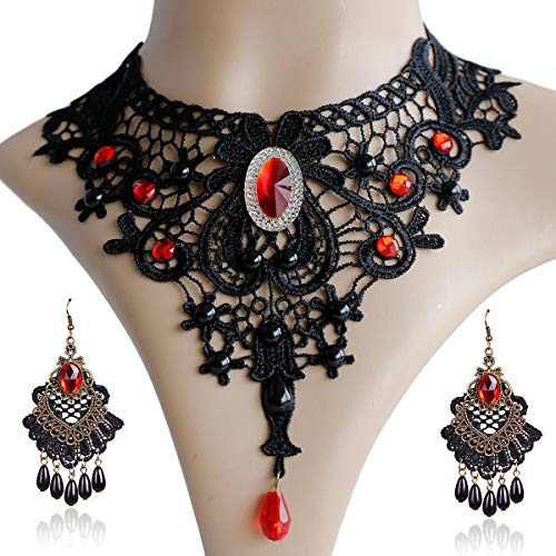 Choker Necklace Earrings Set for Halloween Punk Steampunk Costume Party Women Gothic Black Lace Necklace Vintage Lolita Victorian Halloween Choker Vampire Pendant (Red)2