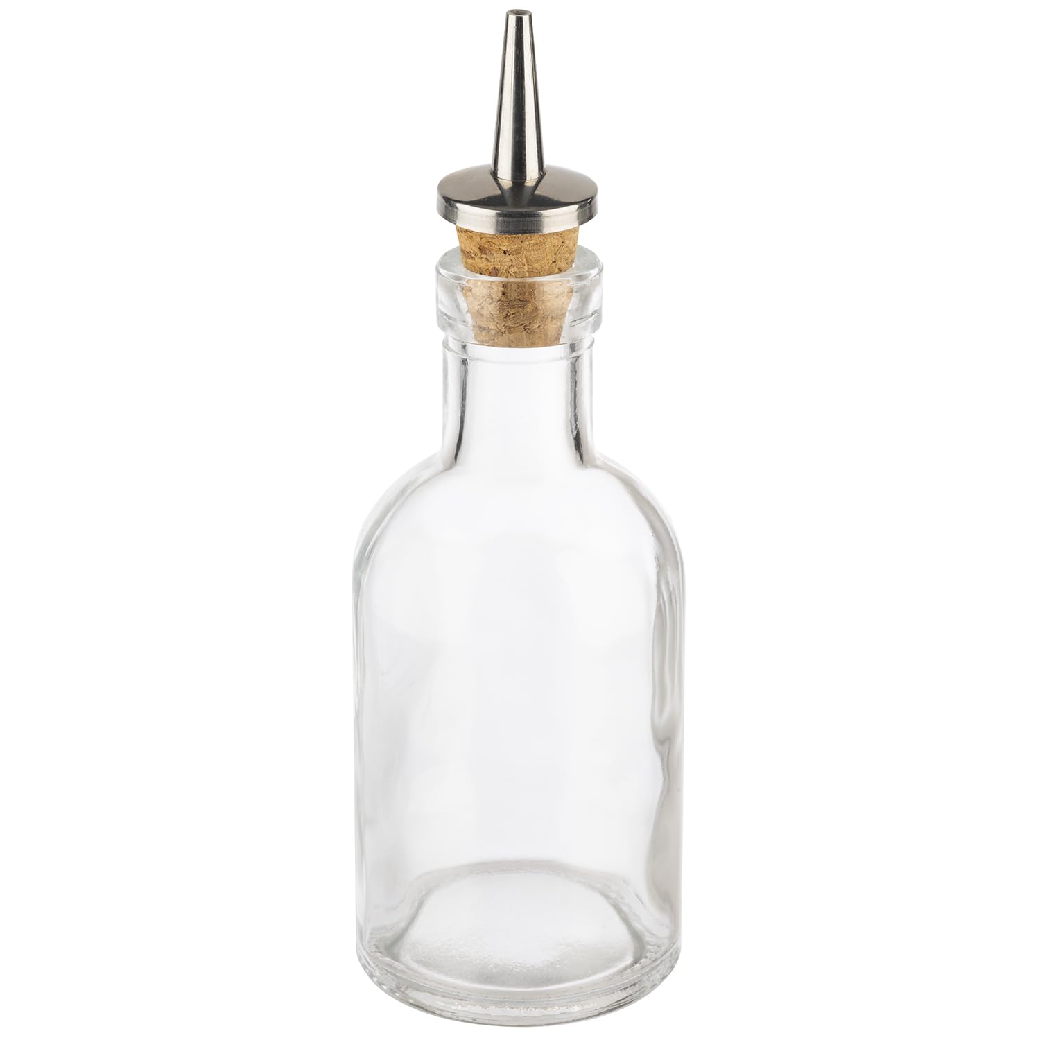 APS 40512 Botella de vinagre y aceite de 5 cm de diámetro, altura de 15,5 cm, 100 ml, recipiente de cristal, boquilla de corcho/acero inoxidable