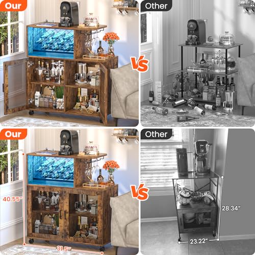 Wine-Bar-Cabinet-with-Wheels-Small-Liquor-Cabinet-with-LED-Light-Home-Bar-Cart-with-Power-Outlets-Coffee-Bar-with-Wine-Rack-Glasses-Storage-for-Kitchen-Dining-Room-Living-Room-Vintage Wine Bar Cabinet with Wheels Small Liquor Cabinet with LED Light Home Bar Cart with Power Outlets Coffee Bar with Wine Rack Glasses Storage for Kitchen Dining Room Living Room Vintage