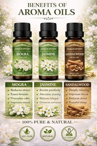 Image of Aroma Diffuser Oil Set, Essential Oils for Home Fragrance, Rose, Lavender, Lemongrass, Jasmine, Mogra & Sandalwood, 6 Bottles, 10ml Each, for Diffuser, Spa & Meditation