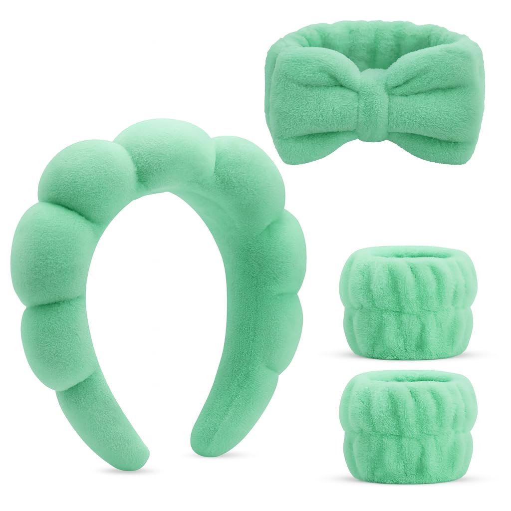 Spa Headbands for Washing Face, Makeup and Skincare. 4 Pc Set of Skin Care Head band with Wristbands. Puffy Terry Cloth, Non Slip Get Ready Hairband