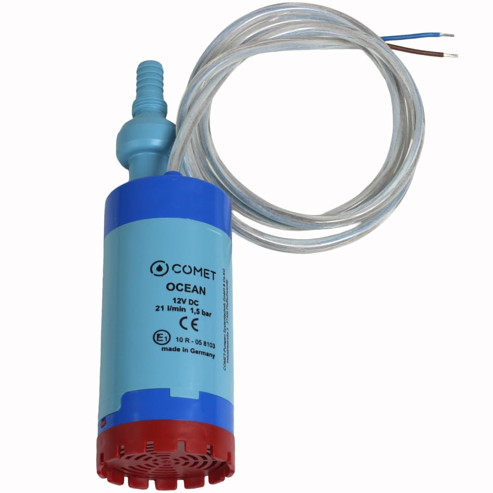 Comet OCEAN Tauchpumpe 12V 18 l/min 1,5 bar mit Softstart, Rückschlagventil und Filtersieb – Wasserpumpe für Wohnmobil, Wohnwagen, Caravan und Frischwasseranlage