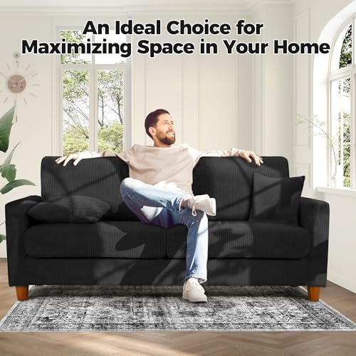70in Corduroy Couch, Kidirect Sofa No Tool Assembly, Comfy Couches for Living Room 21in Deeper Seats, Corduroy Sofas for Living Room with 2 Pillows, Oversized Loveseat Sofa, Boho Love Seat Black Couch - Image 7
