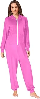 Pijama de una pieza de terciopelo de vidrio de color rosa rosa, con bolsillo canguro y cierre completa, talla S