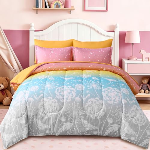 Image of Dinjoy Girls Comforter Set 5 Pieces, Twin Size Colorful Ombre Rainbow Bedding Set, Bed in A Bag for Kid Teen Girls (1 Comforter, 1 Flat Sheet, 1 Fitted Sheet, 1 Pillow Shams, 1 Pillowcases)