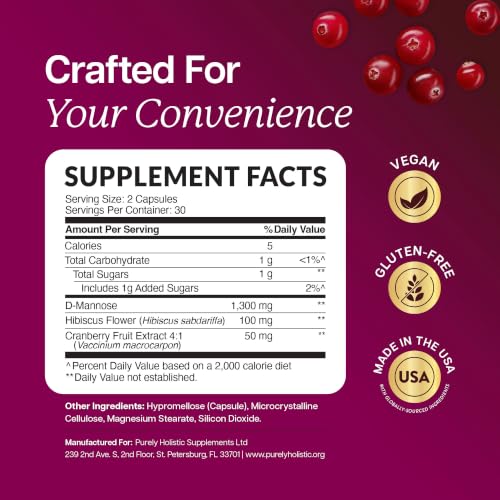Image of D Mannose with Cranberry, Drug-Free Urinary Tract Health Support, Vegan | Evidence-Based DMannose 1300mg for Urinary & Bladder Health for Women, D Mannose Supplements for Women & Men, 60 Capsules
