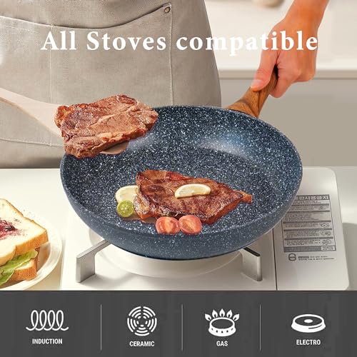wellhouse 3PCS Non Stick Frying Pan Set Saute Fry Pan Granite Skillet Egg Omelette Pans Heat-Resistant Handle Nonstick Pots and Pans Cookware Set with Wood Detachable Handle - Image 6