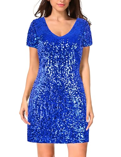 MANER Women's Sequin Glitter Short Sleeve Dress Sexy V Neck Mini Party Club Bodycon Gowns(L,Royal Blue)