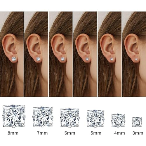 Stainless Steel Stud Earrings Set for Men, 18K White Gold Plated Square Cubic Zirconia Studs Hypoallergenic Mens Earrings Pack 6 Pairs for Men Women2
