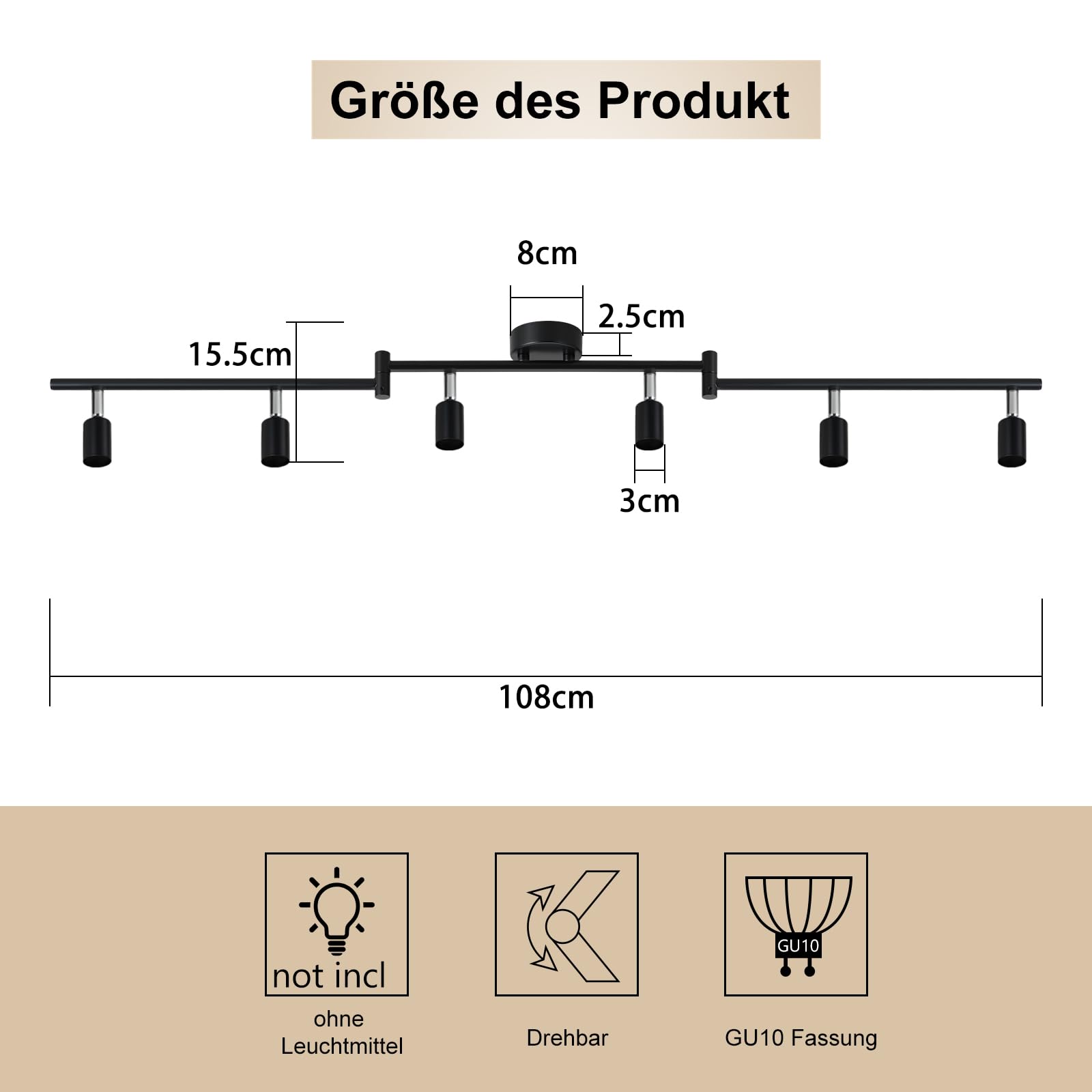 LED Plafoniera 6 Faretti Lampada Spotlight Soffitto GU10 | Girevole 330° Lampadario Industriale Parete Nero Soggiorno Cucina Salotto, Lampadina Non Inclusa