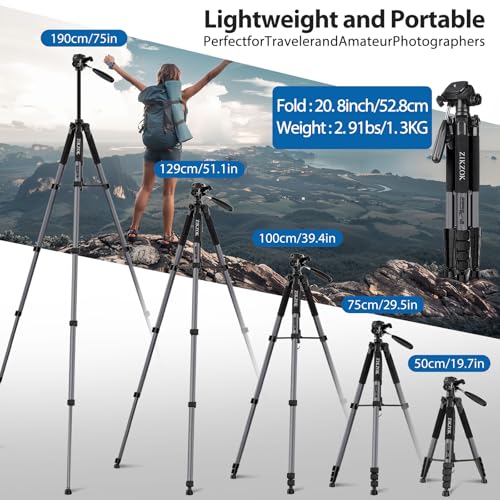 75" Camera Tripod, Heavy Duty Aluminum Camera Stand for ipad Phone, Travel Tripod with Remote/Carry Bag/Phone Tablet Holder, Compatible with DSLR, Spotting Scopes, Max Load 15 Lb(Grey)