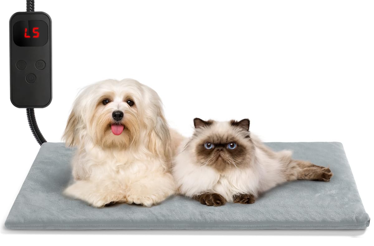 Pet Heating Pad for Cat Dog,Extremely Waterproof Heated Cat Bed Outdoor&Indoor,Adjustable Heated Dog Blanket Mat with 6 Temperature&5 Timers Set,Pet Heater Warmer(Grey,L-28 Lx16 W)