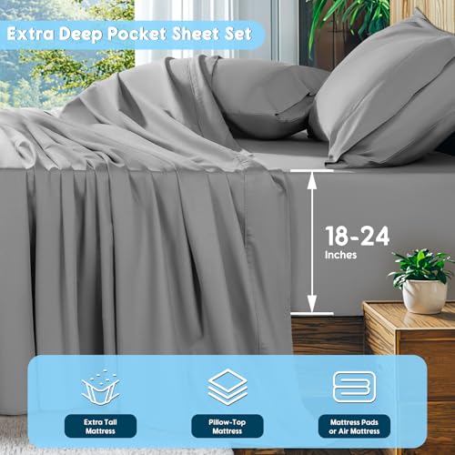 Image of SONORO KATE 1000 Series 100% Egyptian Cotton King Sheets,Extra Deep Pocket | 18-24 Inch Extra Deep Pocket,Soft & Breathable,5-Star Hotel Sateen Bed Sheets,All Season,4pc,Grey
