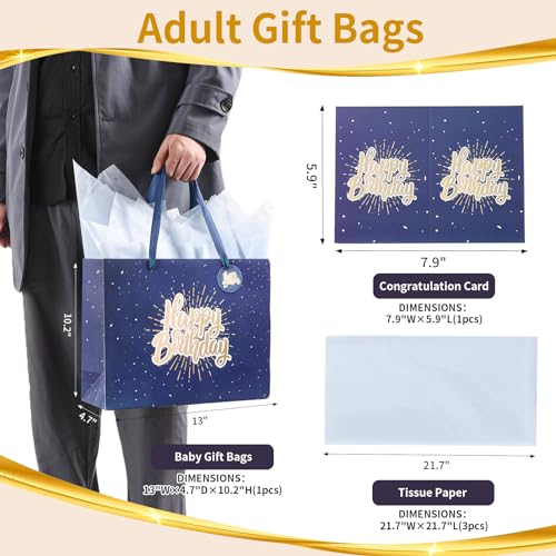 Image of 13 inch Blue Happy Birthday Gift Bag with Tissue Paper and Greeting Card | Happy Birthday Gift Bag for Men Women, Gift Bags Medium size(1 PCS Blue)