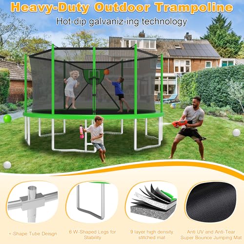2025 Upgrade 1500LBS Outdoor Tranpoline for Kids and Adults 【Easy to Install & Built to Last】 10FT 12FT 14FT 16FT Recreational Tranpolines with Net, Basketball Hoop and Ladder, ASTM Approved