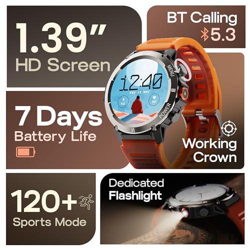 Image of GOBOULT Tuff Hawk Smart Watch 1.39'' HD Display, BT Calling, Working Crown, 150+Watchfaces, 450 Nits Brightness, AI Voice Assistant, SpO2 Monitoring (Green) (Saffron)