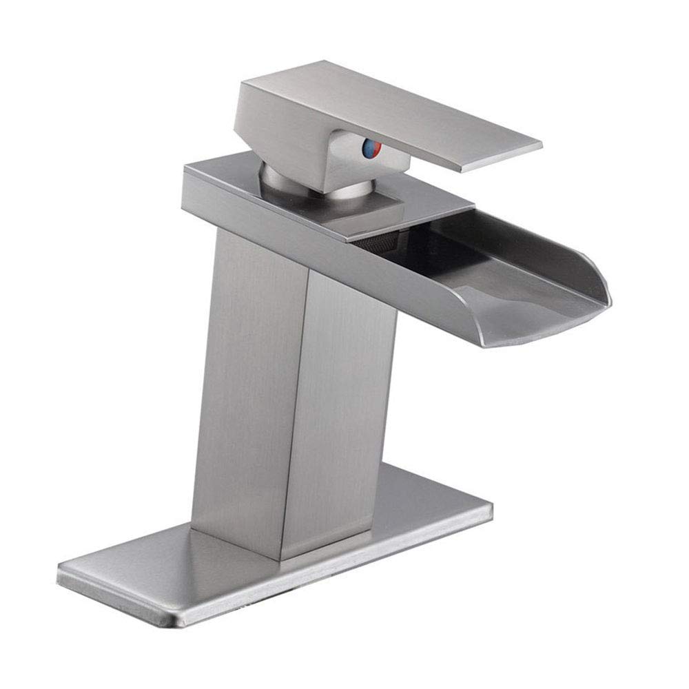 Homevacious Brushed Nickel Waterfall Bathroom Faucet Single Hole Vanity rv Bathroom Sink Faucet Commercial Single Handle Solid Brass Modern Lavatory Basin Mixer Tap with 6" Deck Plate
