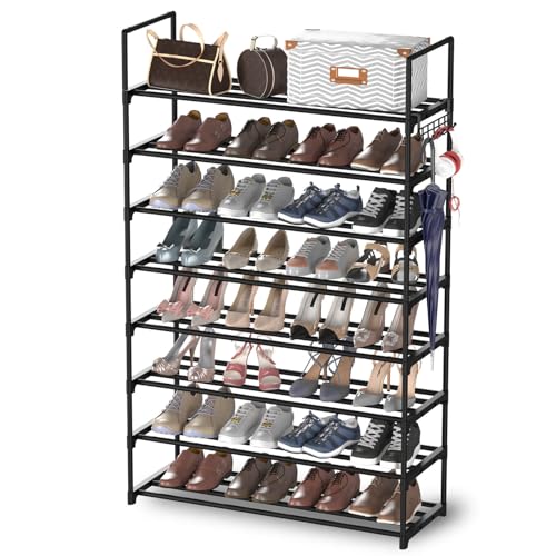 Image of Hsscblet 8 Tiers Metal Shoe Rack,Adjustable Shoe Shelf Storage Organizer with Hooks,Stackable Boot & Shoe Storage,for Entryway,Hallway,Closet,Black