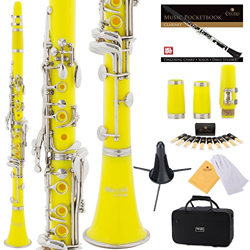 Mendini by Cecilio B Flat Clarinet for Beginner, Ebonite Bb Clarinet with 2 Replaceable Barrels, 10 Reeds, Stand, Pocketbook, Mouthpiece, Hard Case, Gloves (Yellow)