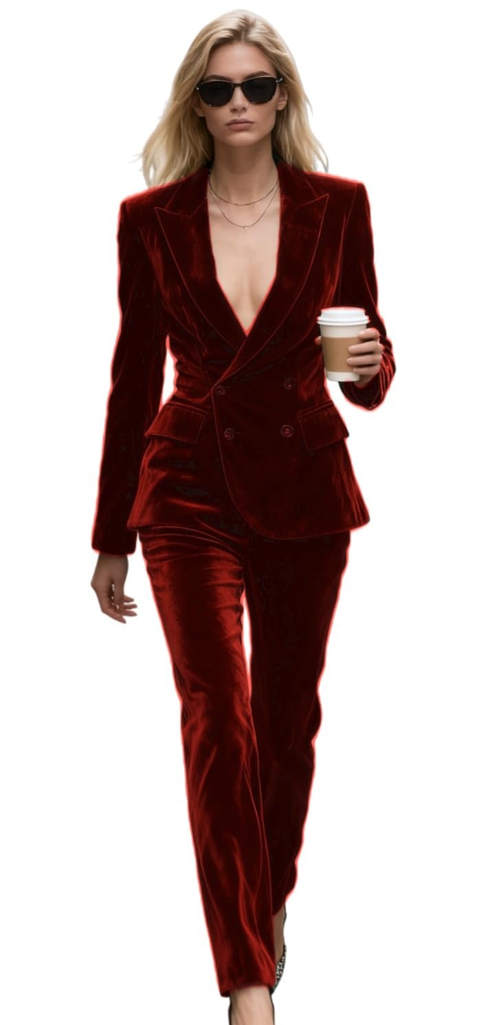 Botong Velvet Suit Women Peak Lapel Business Suit for Work Professional Blazer Pants Outfit Burgundy