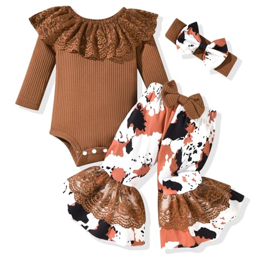 Image of HINTINA Newborn Baby Girl Short Sleeve Bodysuit Flared Pants Ribbed Outfits