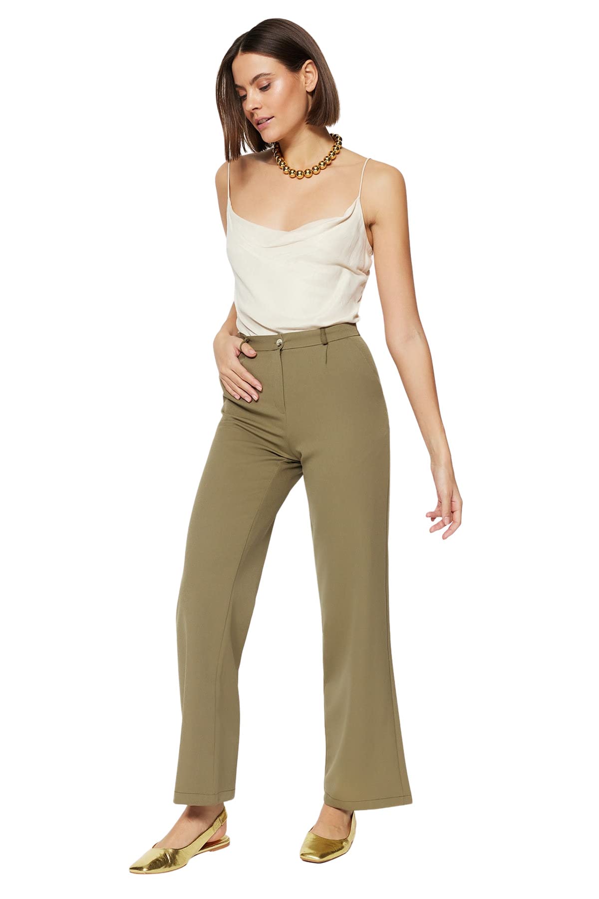 Trendyol FeMan Basics Normal Waist Wide Leg Wide Leg Trousers Light Khaki