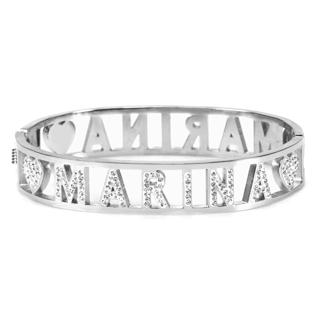Flowers Bracciale Rigido Acciaio con Nome Vari e Zirconcini Sacchettino in tessuto Scritta nome ricoperta di strass Brillantissimi Bracciale a Manetta Donna Chiusura a molla Idea Regalo