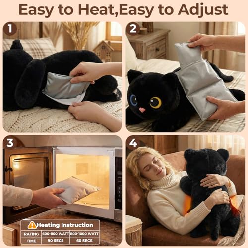 Image of Mewaii Weighted Stuffed Animals 5 lbs Adjustable, Heated & Coolable 23 Inch Plush for Realistic Hug, Microwavable Removable Inner Pad, Cat Gifts for Adults & Kids (Black)