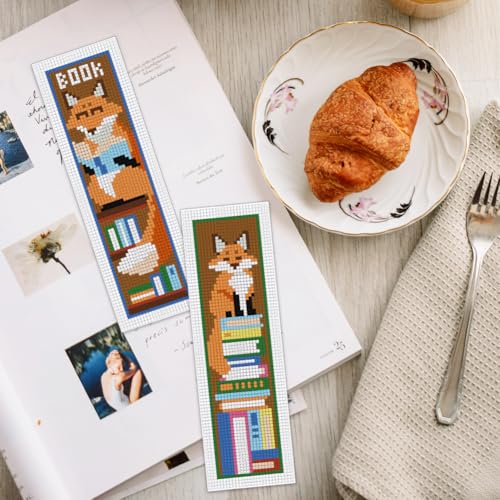 Image of INFUNLY 6 Set Fox Reading Cross Stitch Bookmark Kit DIY Cross Stitch Kit 8 inchx2.4 inch Pre-Printed Books Stamped Embroidery Bookmark with Instructions for Beginners Book Lovers Gifts