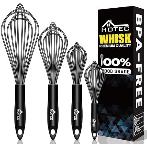 HOTEC 4 Pieces Silicone Whisks Set, Wire Balloon Whisks Egg Beater, Non-slip Handle Whisk for Non-stick Cookware Perfect for Cooking, Stirring, Beating and Blending (Black) Cover