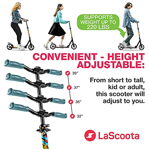 Image of LaScoota Kick Scooter for Kids Ages 6+, Teens & Adults, Large 8 inch Sturdy Urethane Wheels. Adjustable Handlebar, Lightweight, Foldable, 220lbs Max Load