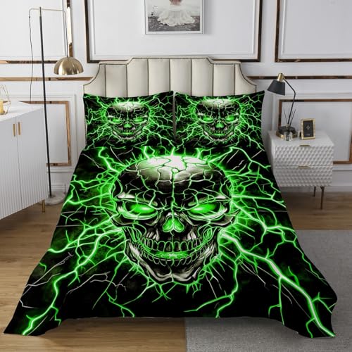 Manfei Green Lightning Skeleton Bedspread Queen Size Bedding for Teens Living Room Gothic Skulls Decor Coverlet Set Happy Halloween Theme Quilt Set for All Season,3 Pcs with 2 Pillowcases