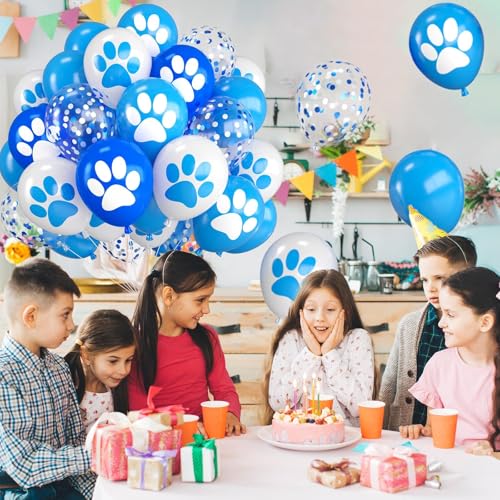Image of Paw Balloons 12 Inch Paw Print Navy Blue Light Blue White Balloons | Dog Balloons with Confetti and Ribbon for Birthday Baby Shower Celebration Graduation Party Decorations