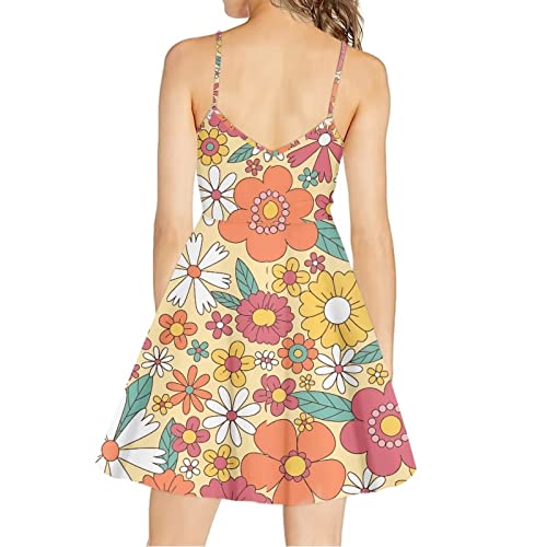 Image of Coloranimal Abstract Hippie Flower Dresses for Women Plus Size Womens Summer Casual Loose Sleeveless Spaghetti Strap Beach Dress Off Shoulder Swing Suspender Skirts, Orange